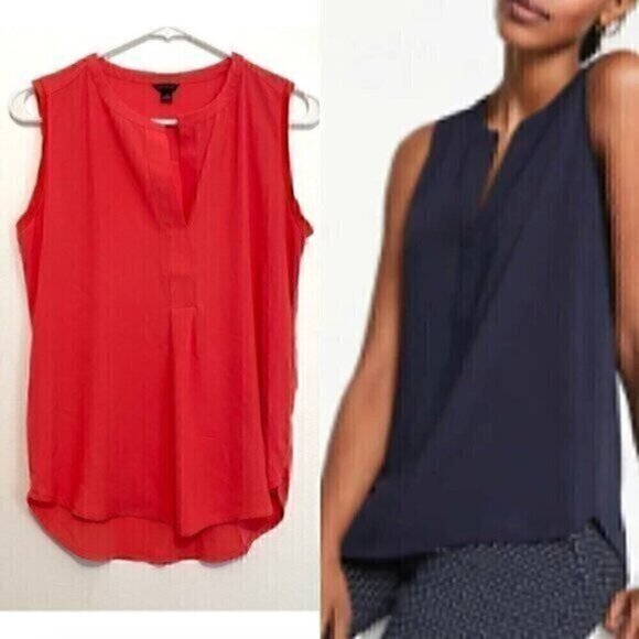 ANN TAYLOR Matte Jersey Shell Coral Split Neck Mixed Media Sleeveless Tank Top S - Picture 1 of 14